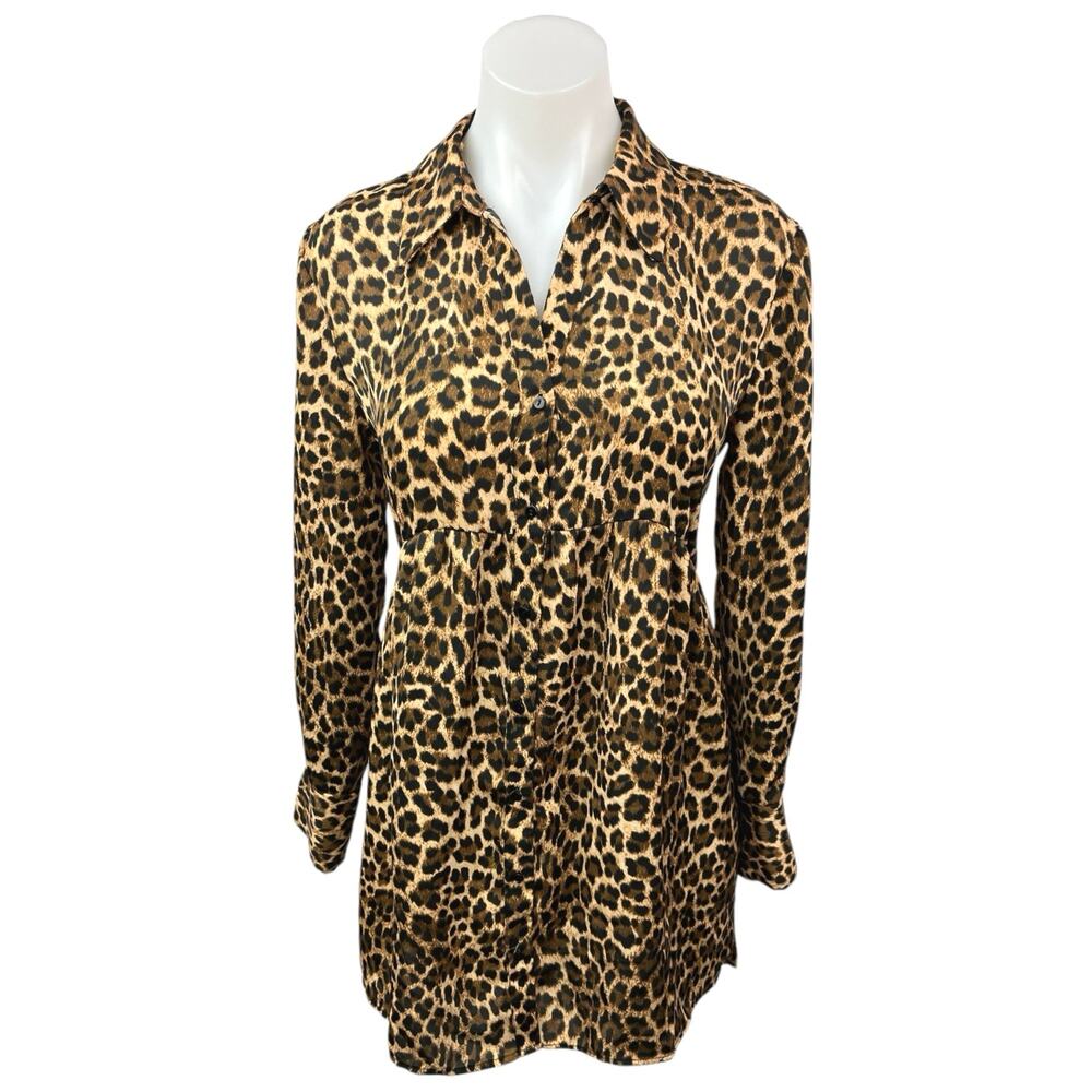 Zara Brown Animal Leopard Print Button Up Long Sleeve Mini Shirt Dress Size XS